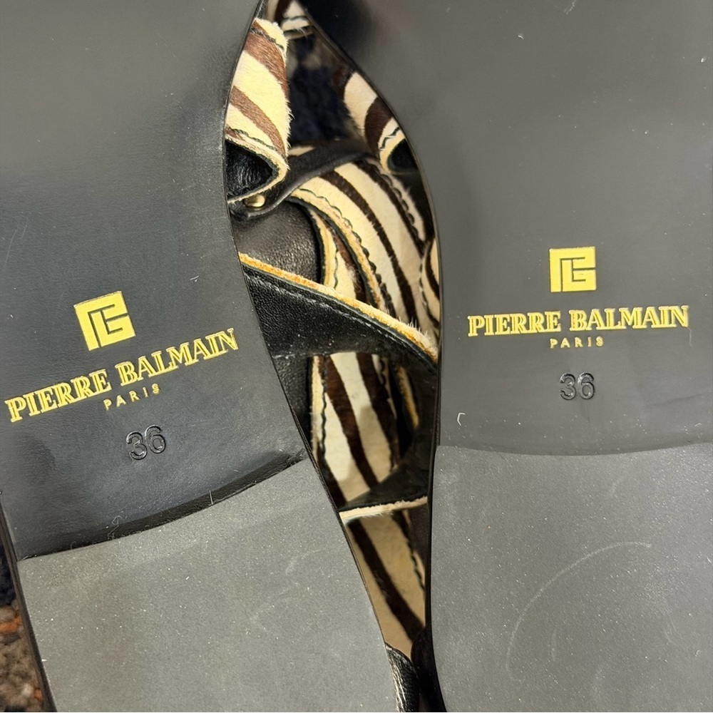 NWOT Pierre Balmain ‘Amelie’ Zebra Print Pony Hair Strappy Zip-Back Sandals Sz 6 - Picture 11 of 16